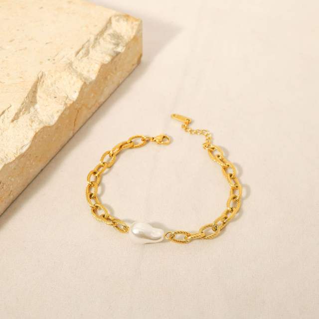 18K baroque pearl stainless steel chain bracelet
