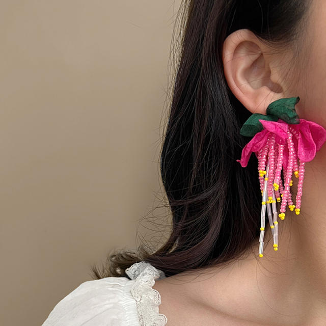 Creative rose red fabric flower bead tassel earrings