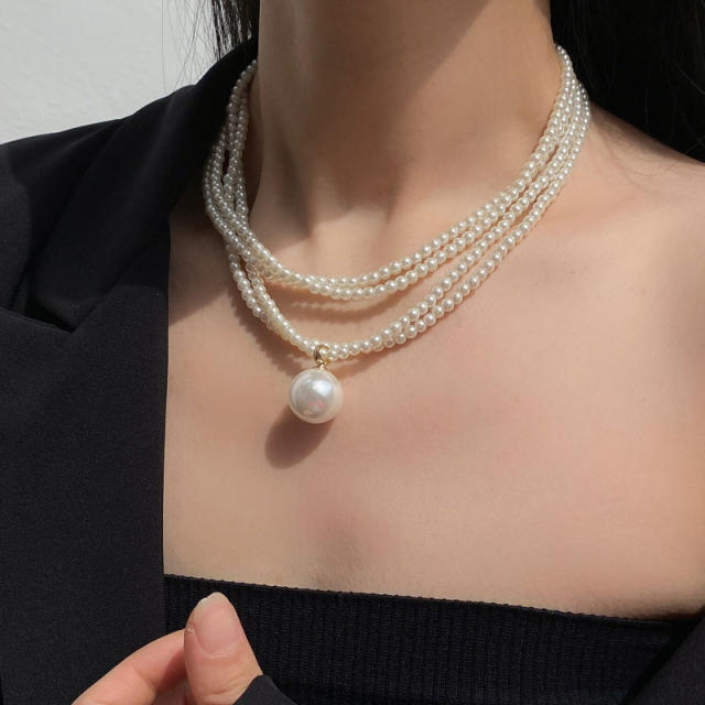 Vintage elegant faux pearl bead layer necklace