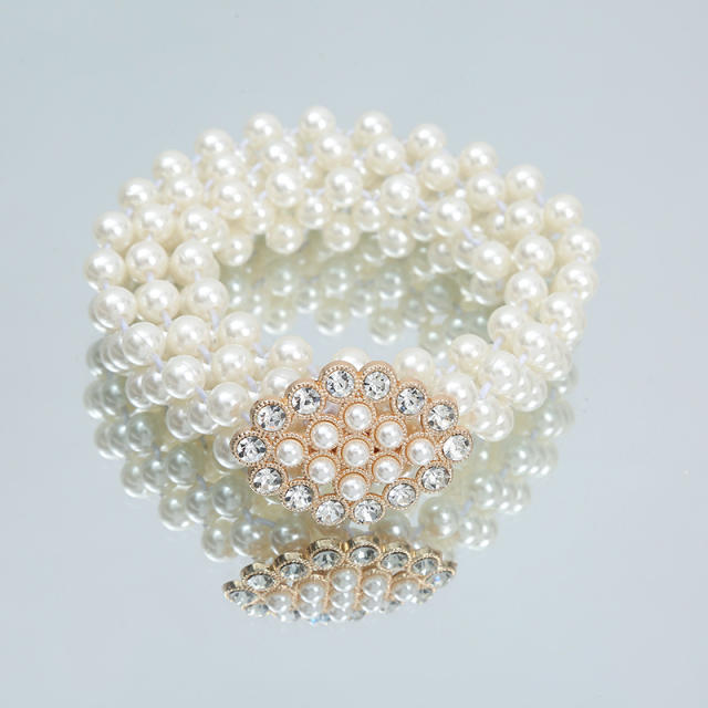 Elegant rhinestone buckle faux pearl chain belt