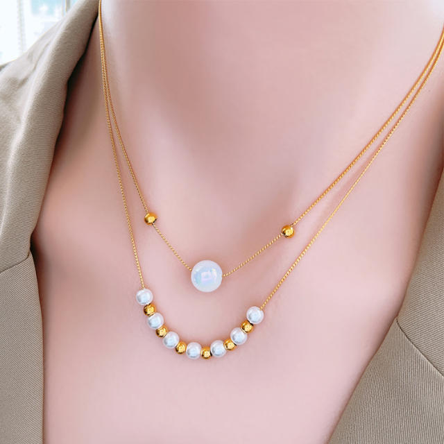 Korean fashion two layer pearl bead stainless steel necklace
