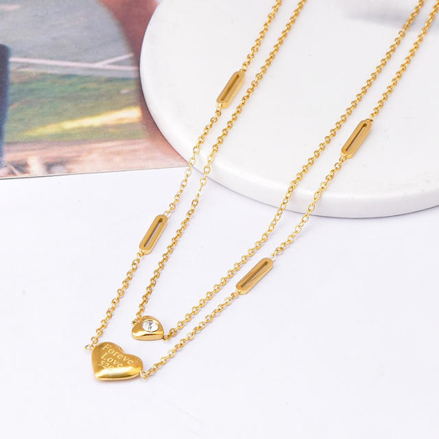 Delicate two layer letter heart stainless steel necklace