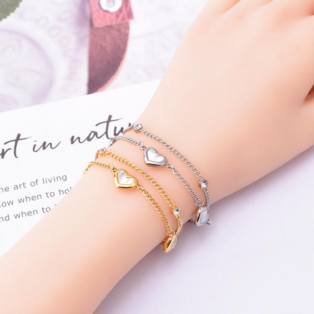 Easy match two layer mother shell heart stainless steel bracelet