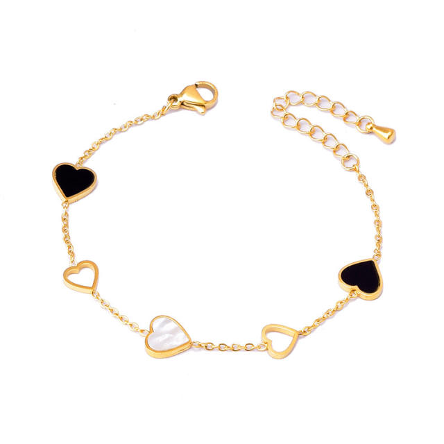 Korean fashion white black mother shell heart stainless steel bracelet