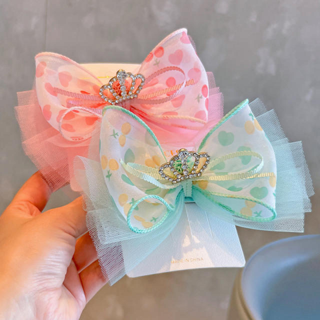 Spring color rhinestone crown bow hair clips for kids
