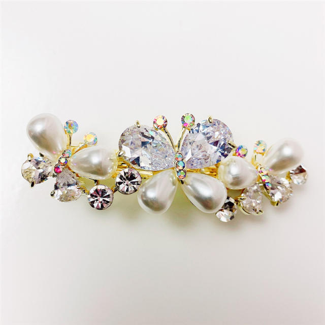 Baroque trend imitation pearl glass crystal butterfly french barrette hair clips