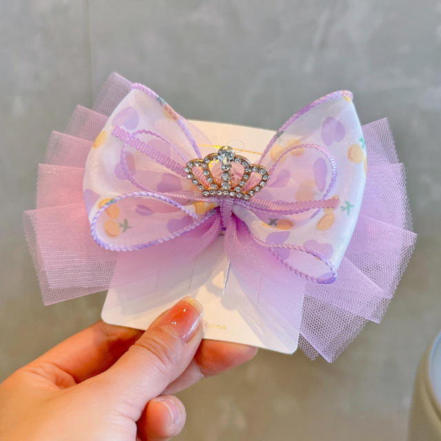 Spring color rhinestone crown bow hair clips for kids