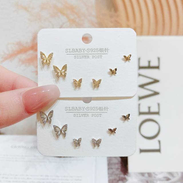 925 needle tiny butterfly copper ear studs set