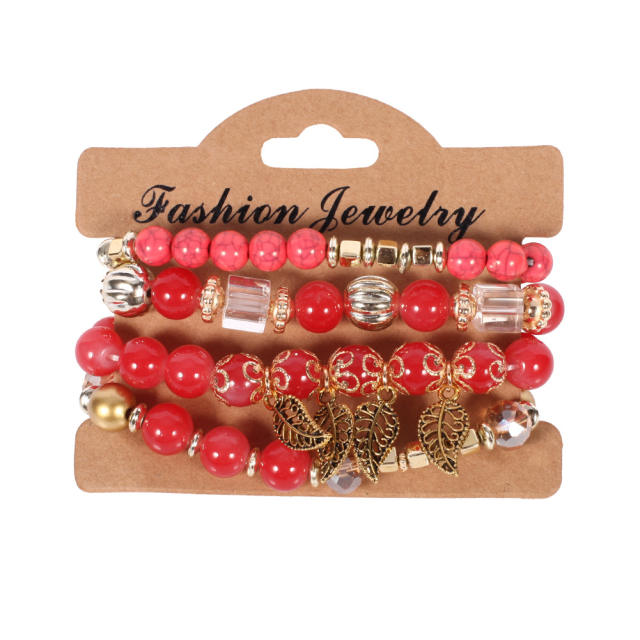 Korean fashion colorful bead alloy leaf charm bracelet