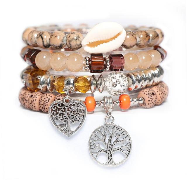 Boho hollow heart life tree charm color bead bracelet
