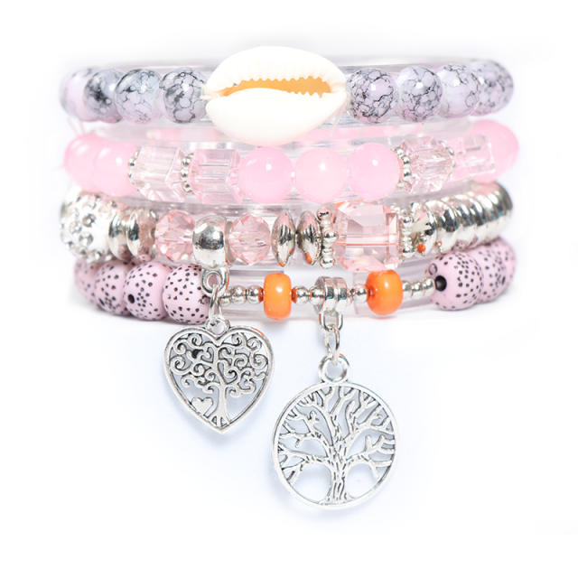 Boho hollow heart life tree charm color bead bracelet