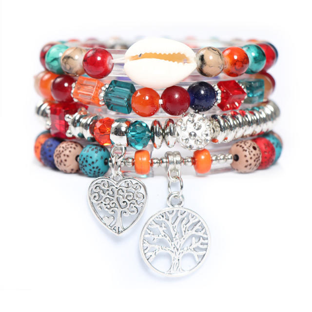 Boho hollow heart life tree charm color bead bracelet