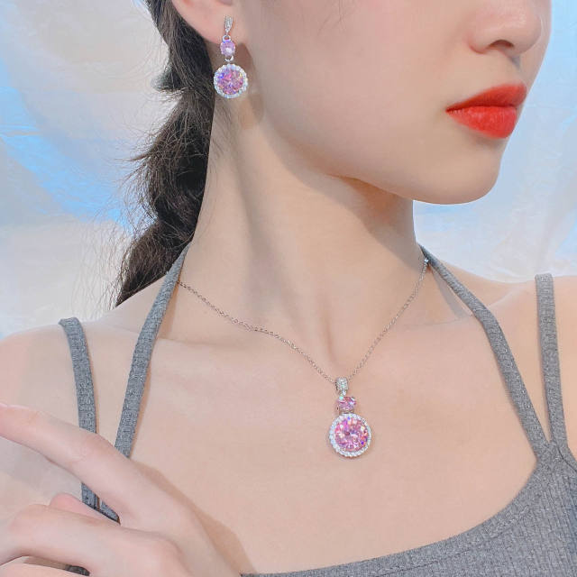 Romantic sweet pink color cubic zircon copper necklace set