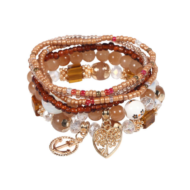 Boho gold color life tree heart charm bead bracelet