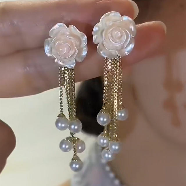Elegant white camellia pearl tassel earrings