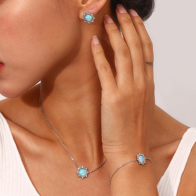 Vintage sun shape opal stone dainty stainless steel necklace