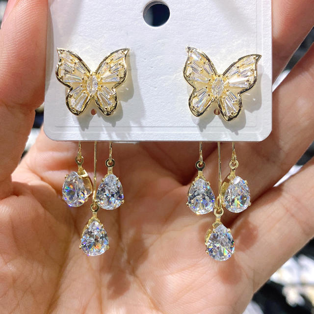 Luxury cubic zircon butterfly tassel jacket earrings