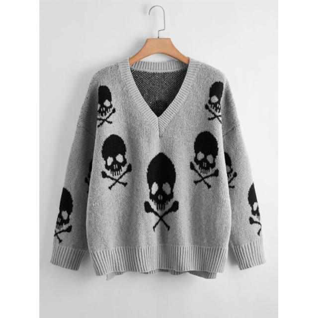 Y2K casual skull head pattern V neck sweater