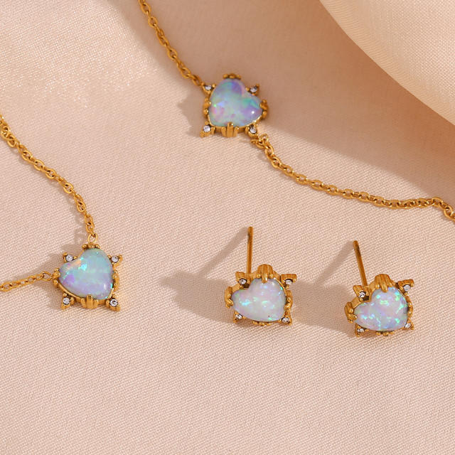 Vintage heart opal stone dainty stainless steel necklace set