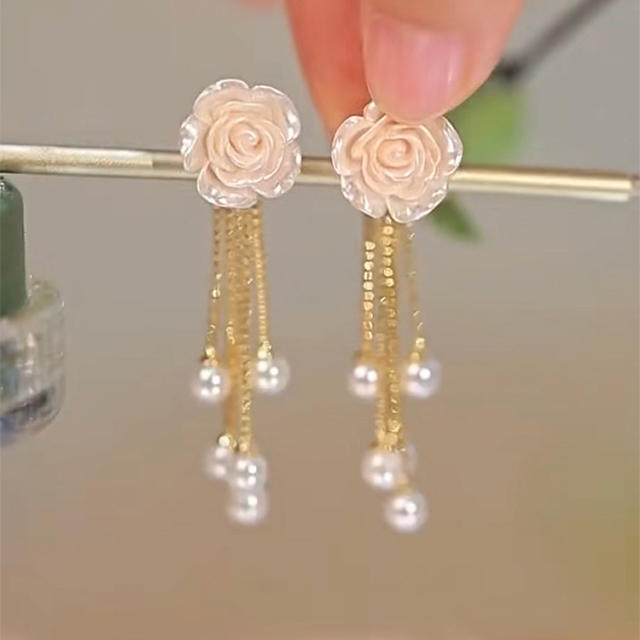 Elegant white camellia pearl tassel earrings