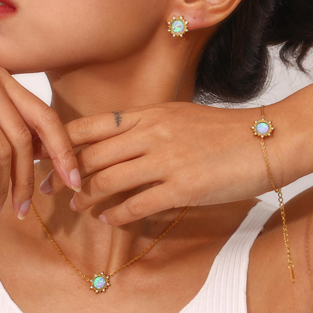 Gold color opal stone sun shape dainty stainless steel necklace set