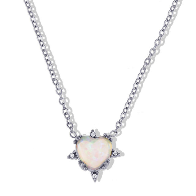 Vintage heart opal stone dainty stainless steel necklace set