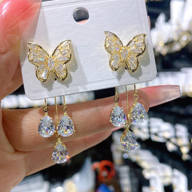 Luxury cubic zircon butterfly tassel jacket earrings