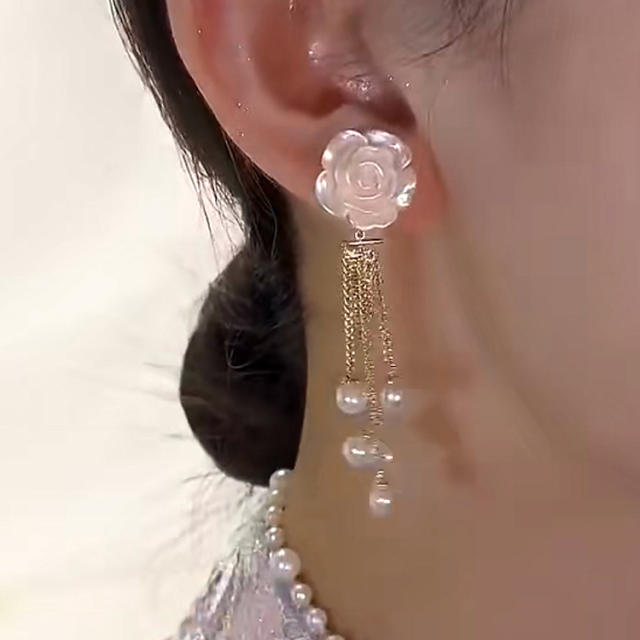 Elegant white camellia pearl tassel earrings