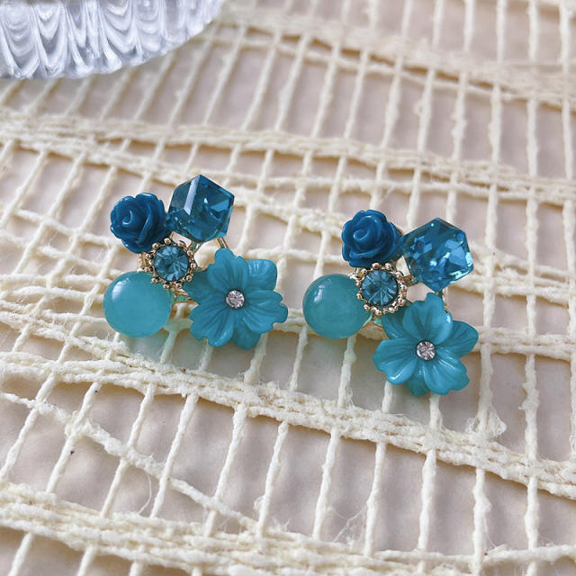 Korean fashion sweet color cubic zircon flower studs earrings