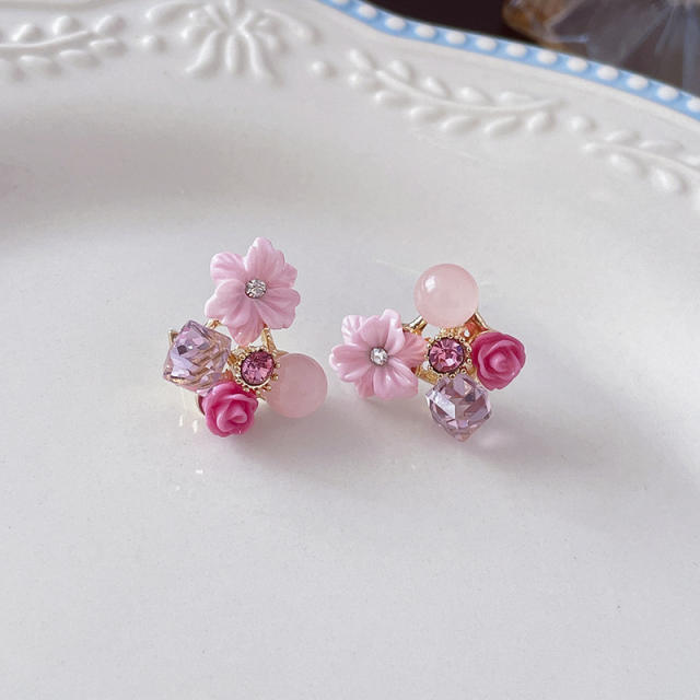 Korean fashion sweet color cubic zircon flower studs earrings