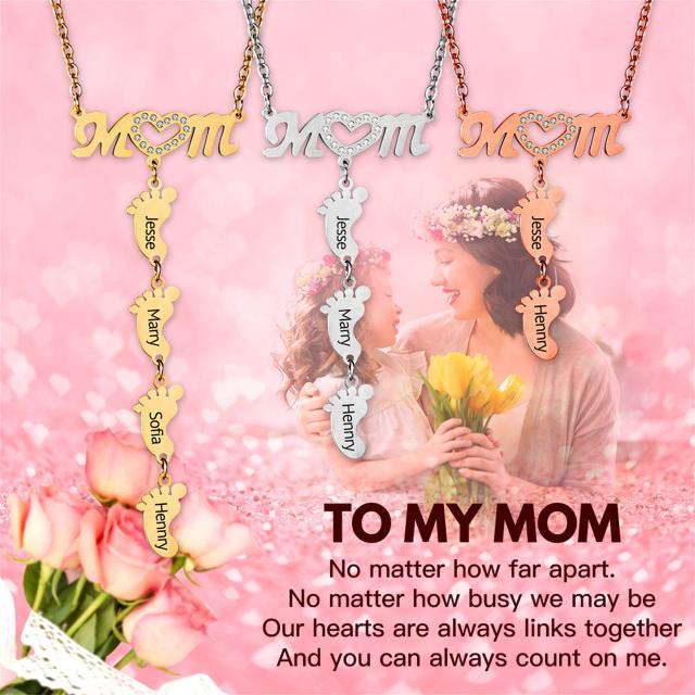 Personality diamond mom letter footstep engrave name stainless steel necklace