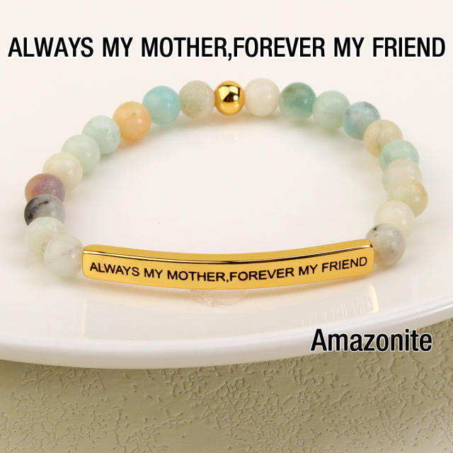 National trend stone bead engrave letter mother's day stainless steel bangle