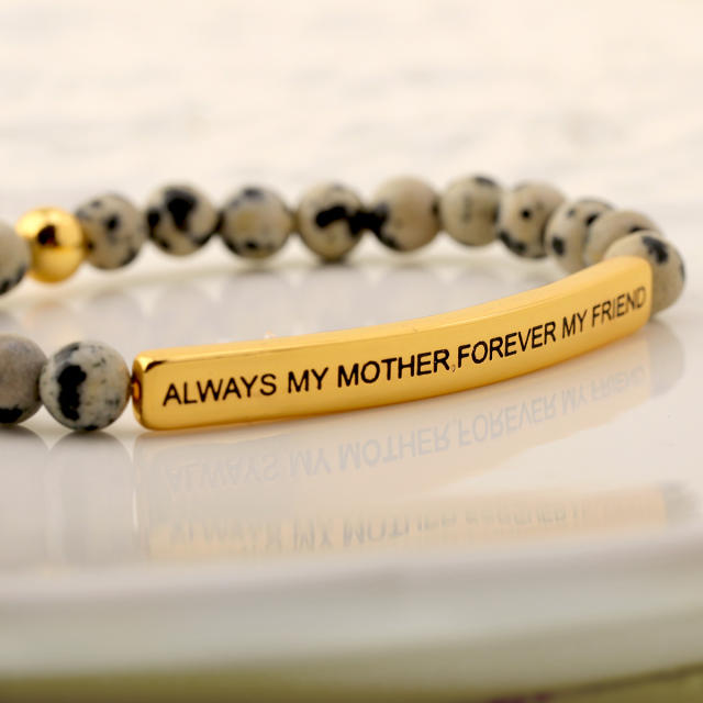 National trend stone bead engrave letter mother's day stainless steel bangle