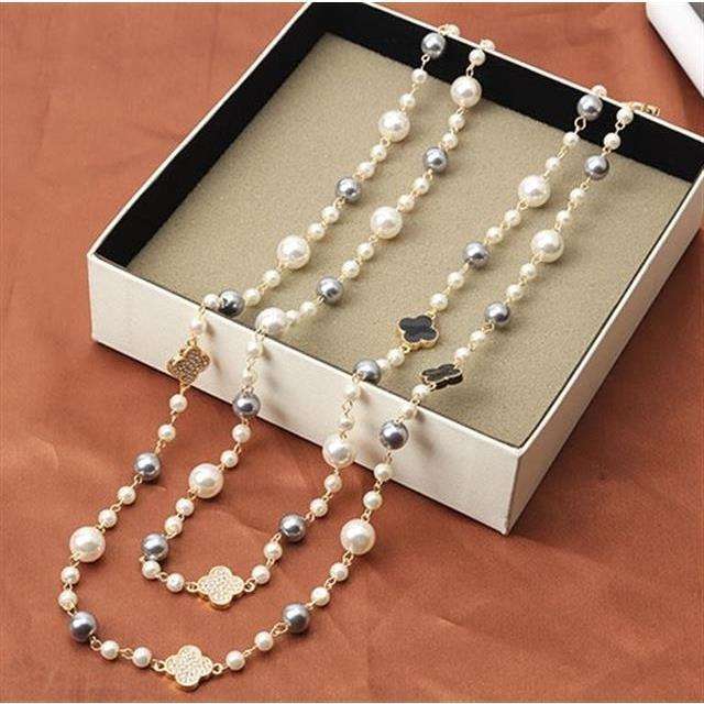 Classic pearl bead clover flower layer long necklace sweater chain