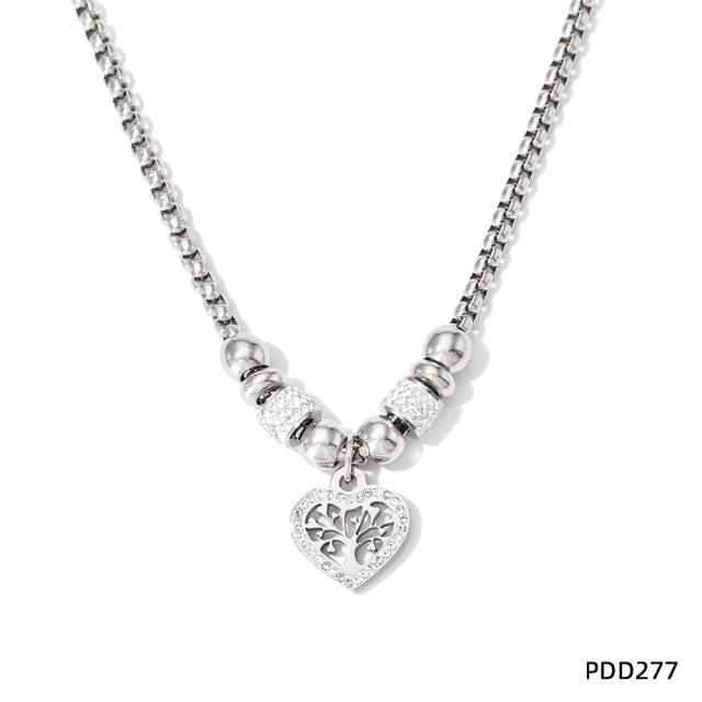 Vintage diamond bead heart life tree stainless steel necklace