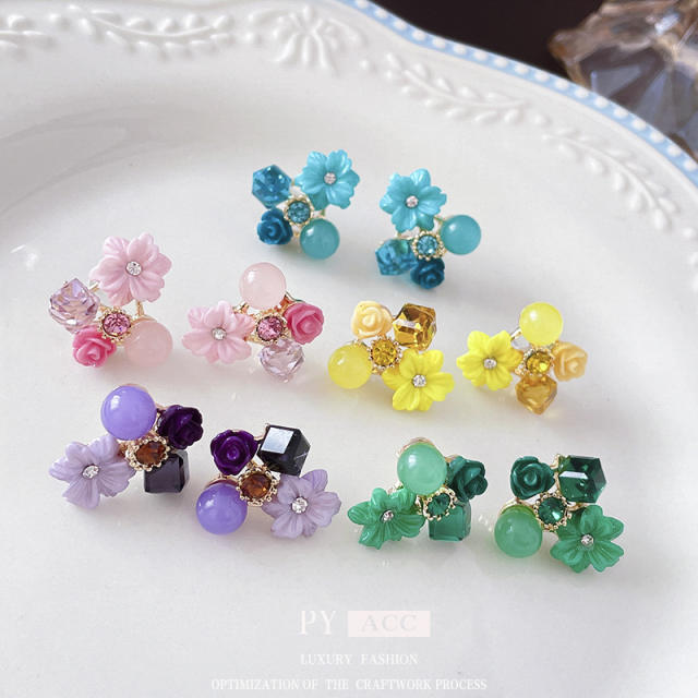 Korean fashion sweet color cubic zircon flower studs earrings