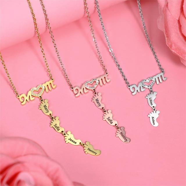 Personality diamond mom letter footstep engrave name stainless steel necklace
