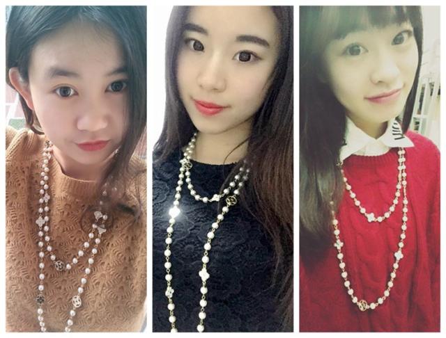 Classic pearl bead clover flower layer long necklace sweater chain