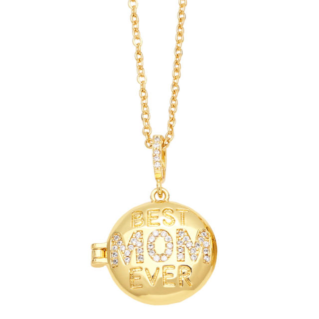 LOVE MOM diamond letter round shape copper locket necklace