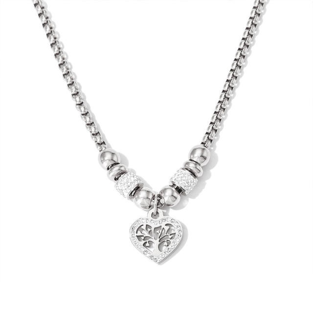 Vintage diamond bead heart life tree stainless steel necklace