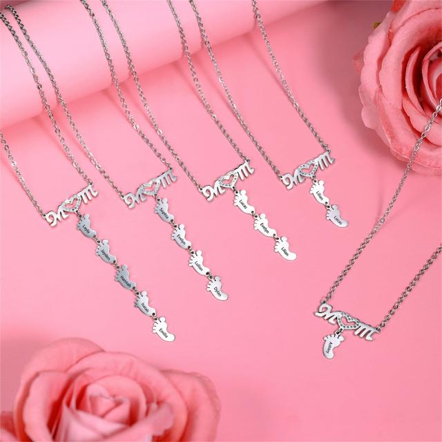 Personality diamond mom letter footstep engrave name stainless steel necklace