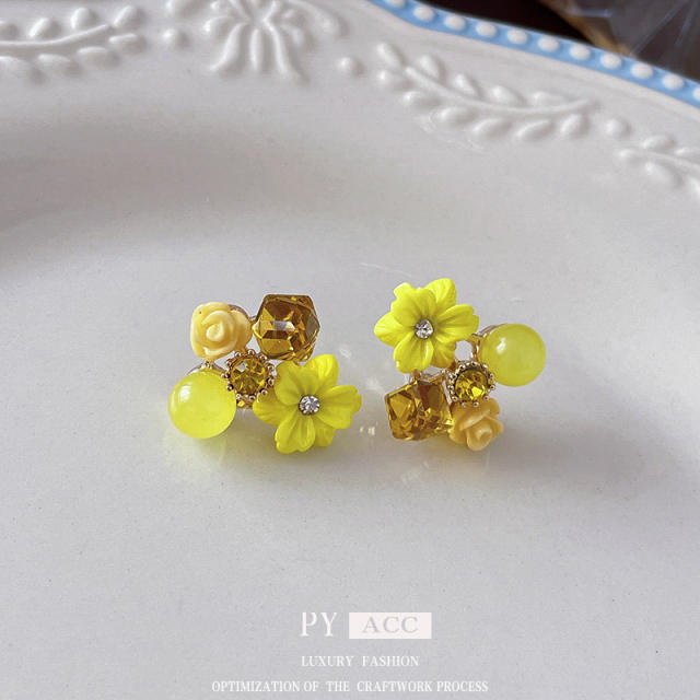 Korean fashion sweet color cubic zircon flower studs earrings