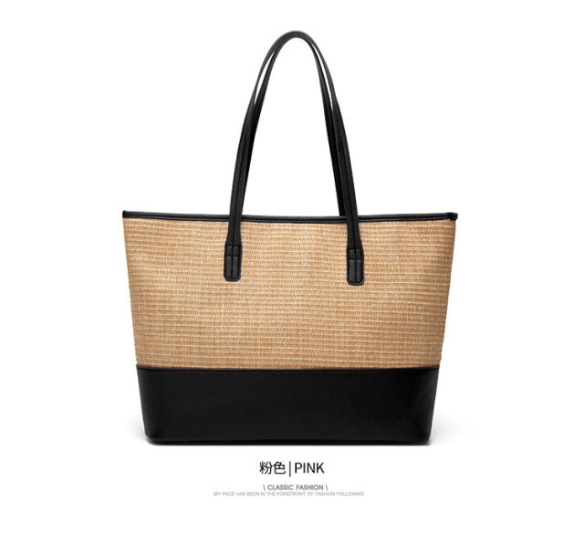 Occident fashion pu leather mix straw tote bag