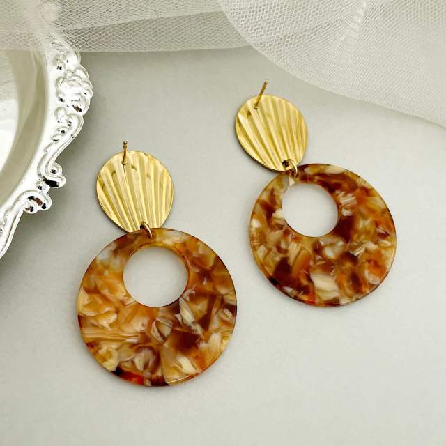 Boho amber color acrylic circle stainless steel needle earrings