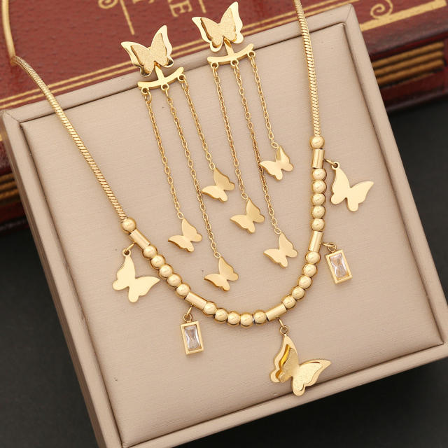 Elegant frost butterfly charm stainless steel necklace set