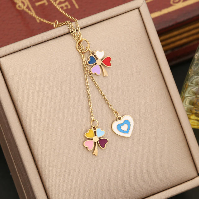 Elegant color enamel heart evil eye stainless steel necklace