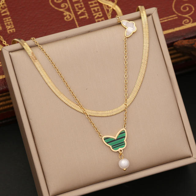 Green butterfly charm two layer stainless steel necklace set