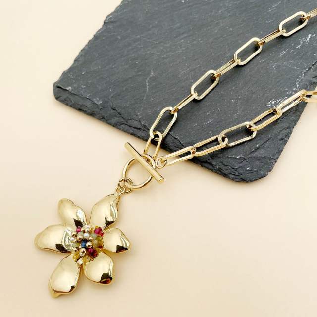 Occident fashion flower charm stainless steel toggle necklace