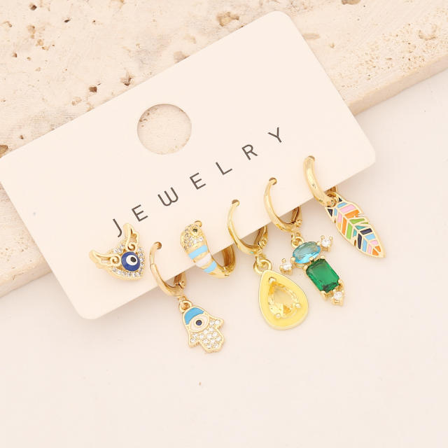 6pcs color enamel rainbow cubic zircon copper huggie earrings set