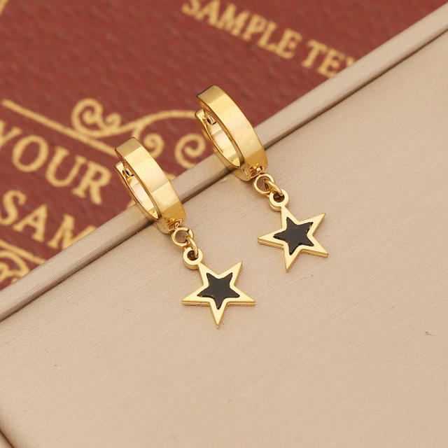 Black enamel butterfly star stainless steel huggie earrings